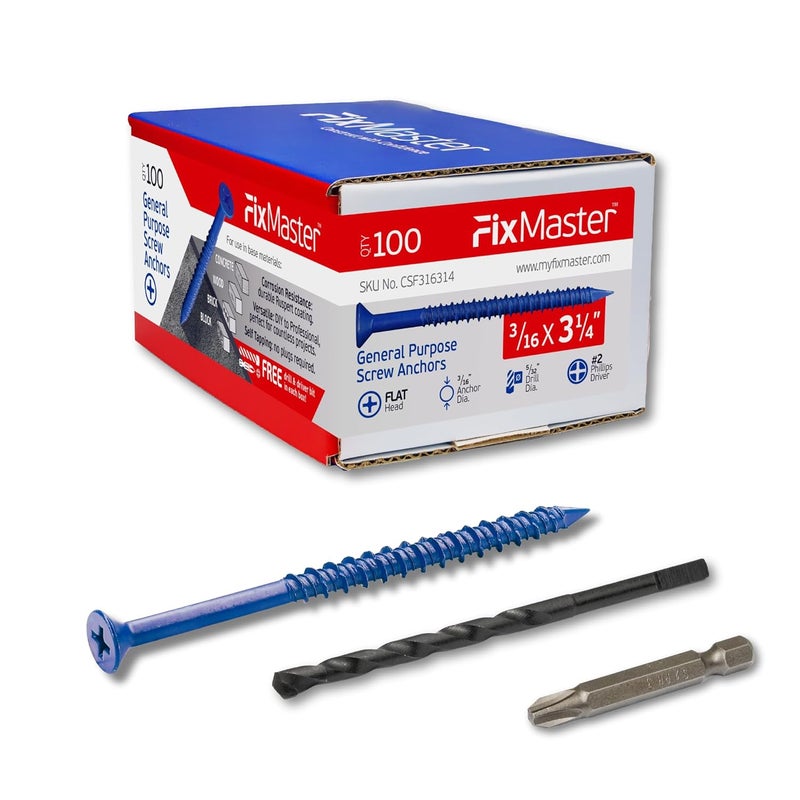 FixMaster 3/16 x 3-1/4" Countersunk Phillips Flat Head Blue Concrete Screw Anchors (100 pcs Screw Kit) with one Screwdriver and Drill Bit for Concrete, Masonry, Block, Brick and Wood Fastening - Image 1